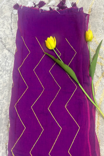 Purple Mulcotton saree with zig zag golden thread embroidery
