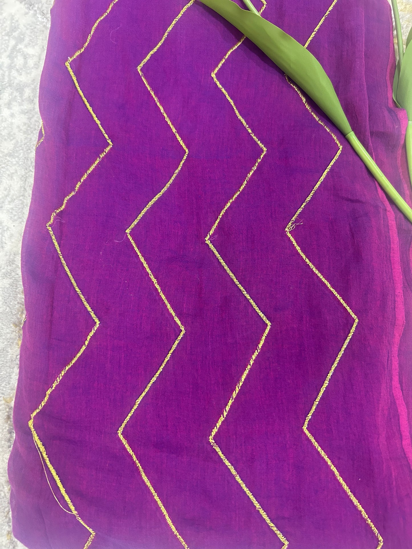 Purple Mulcotton saree with zig zag golden thread embroidery
