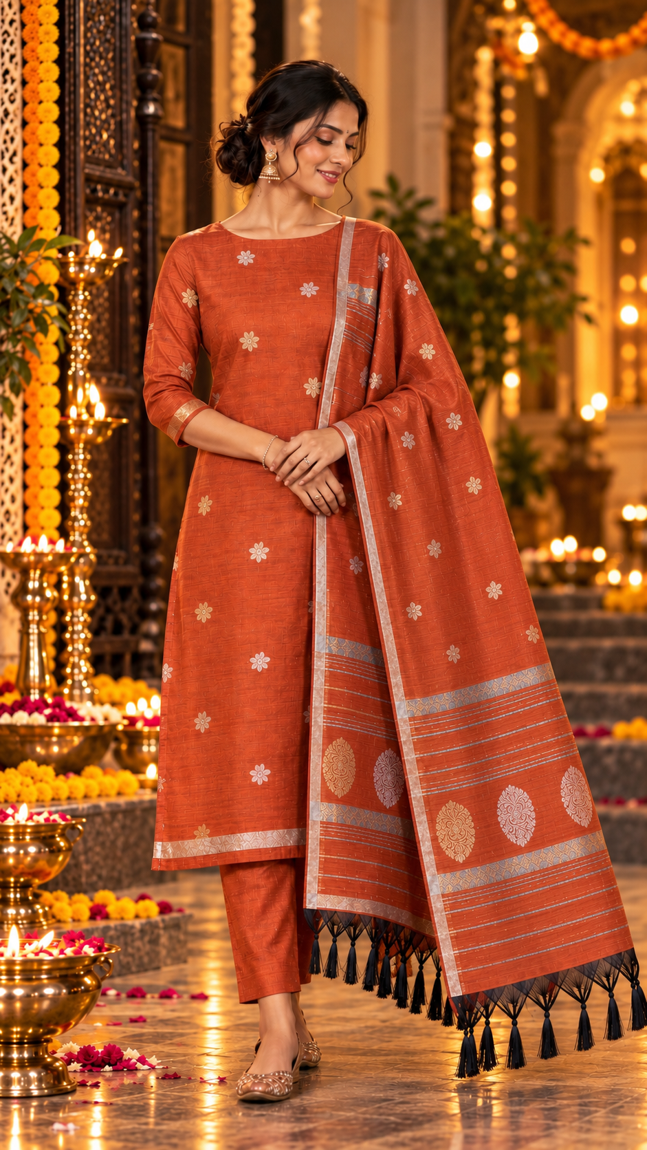 Rust Orange Cotton Silk  Banarasi 3-Piece Suit Material