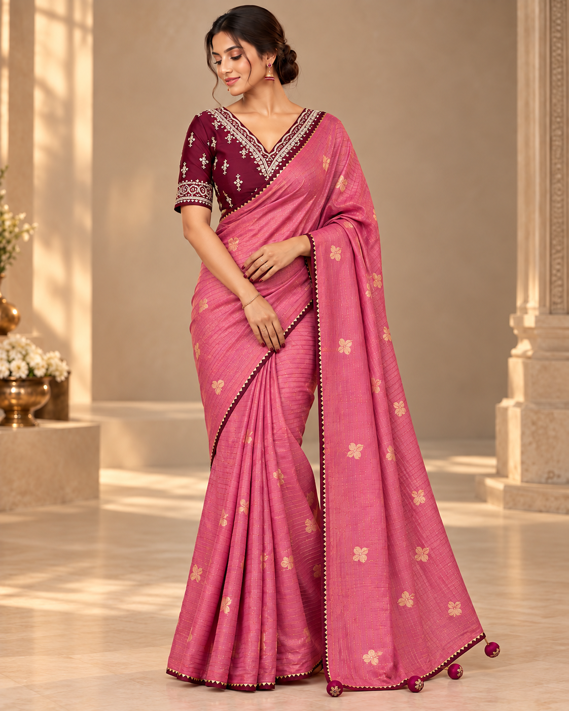Pinkish Peach color designer party wear Saree with  Dark Maroon heavy handwork designer ready made blouse  - SPW180
