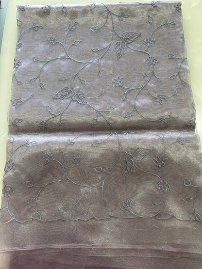 Metallic Grey Tissue silk organza cut work sarees with all over embroidery with blouse piece SOT160