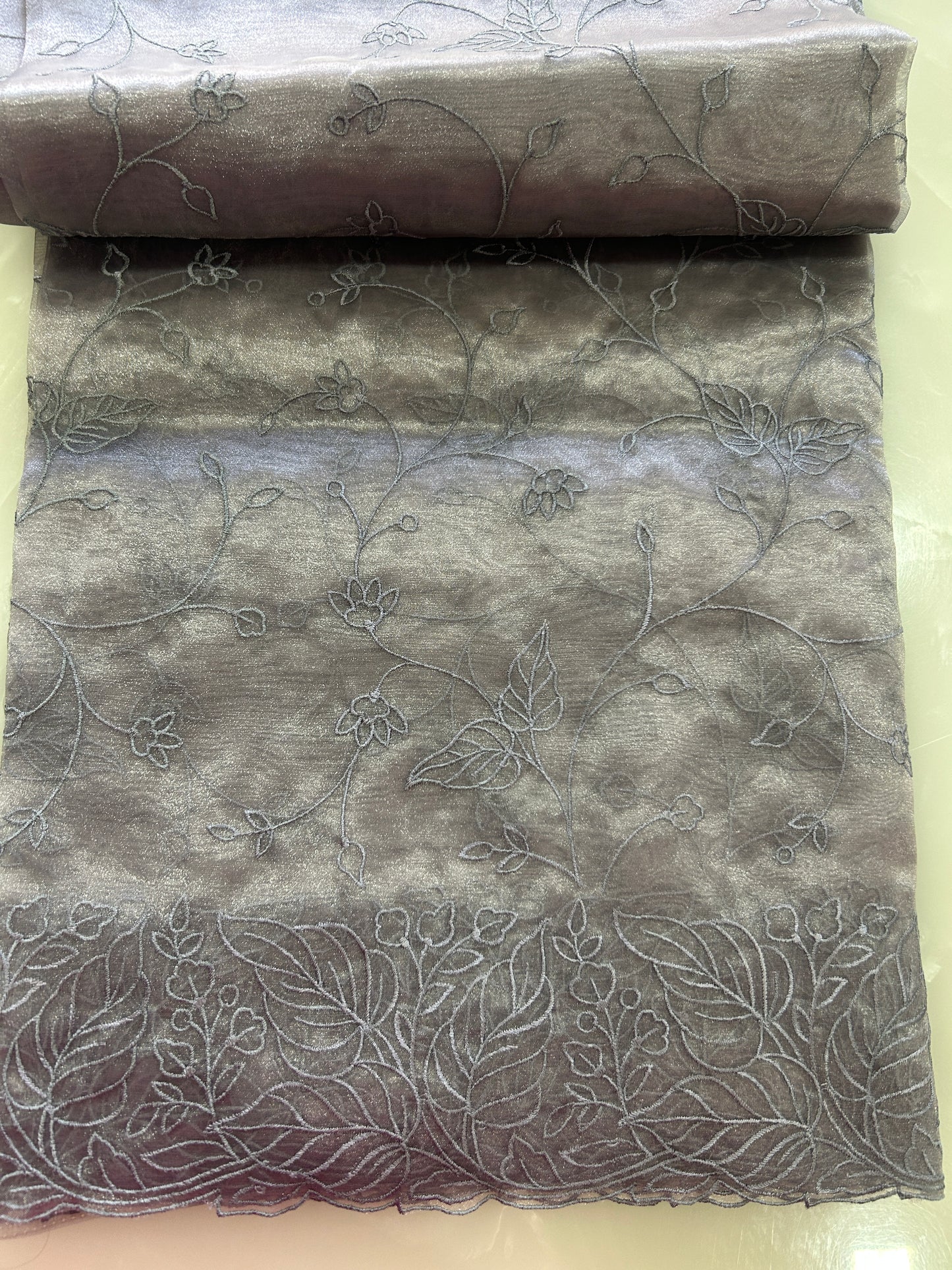 Metallic Grey Tissue silk organza cut work sarees with all over embroidery with blouse piece SOT160
