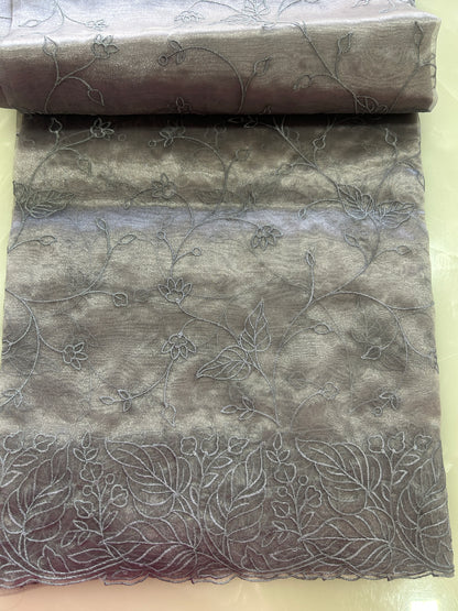 Metallic Grey Tissue silk organza cut work sarees with all over embroidery with blouse piece SOT160