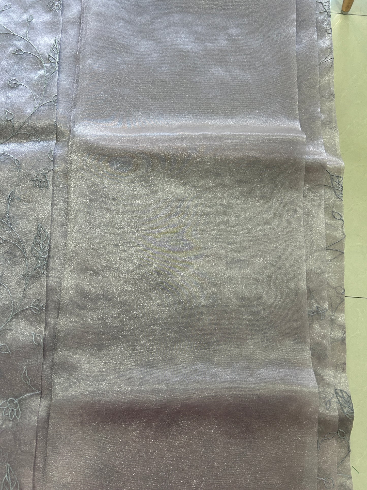 Metallic Grey Tissue silk organza cut work sarees with all over embroidery with blouse piece SOT160