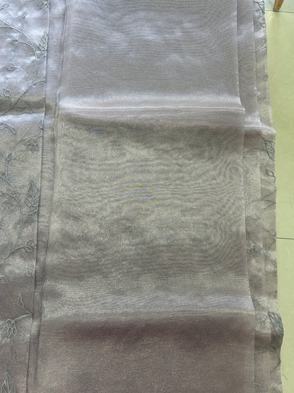 Metallic Grey Tissue silk organza cut work sarees with all over embroidery with blouse piece SOT160