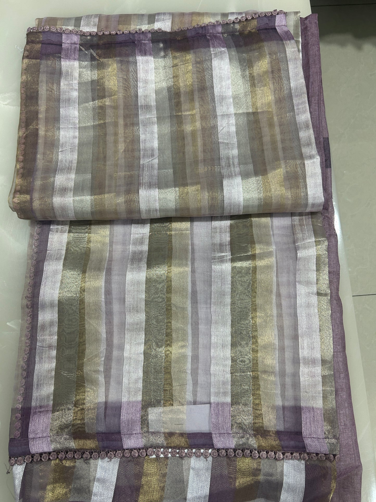 Pure tissue and Organza silver and golden vertical striped saree SO220
