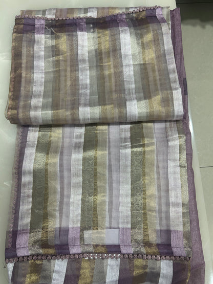 Pure tissue and Organza silver and golden vertical striped saree SO220