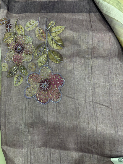 Pure tissue and Organza silver and golden vertical striped saree SO220