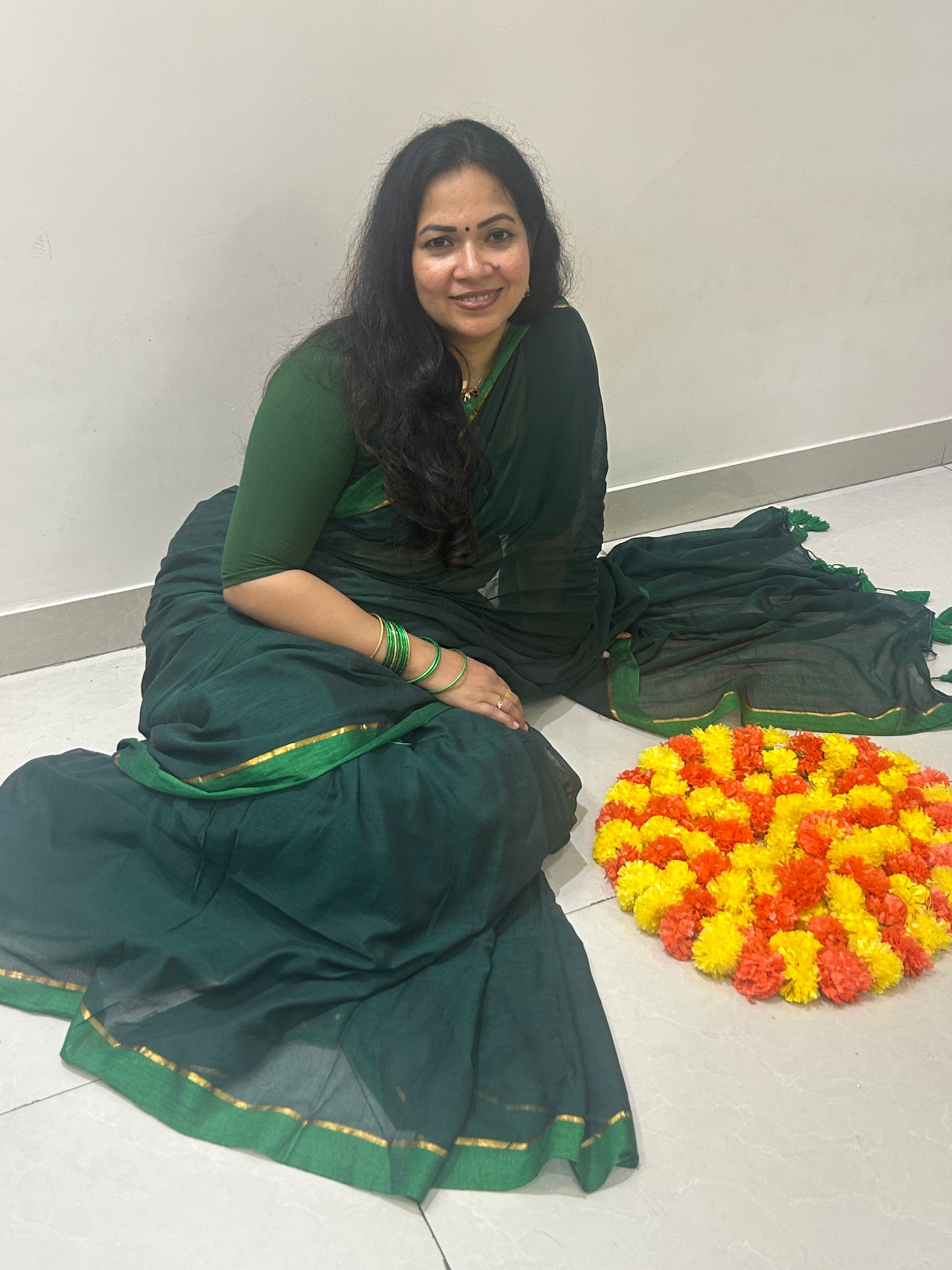 Dark Green Mulcotton saree with light green and  golden stripe  SMC248