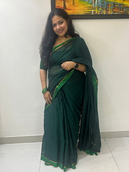 Dark Green Mulcotton saree with light green and  golden stripe  SMC248