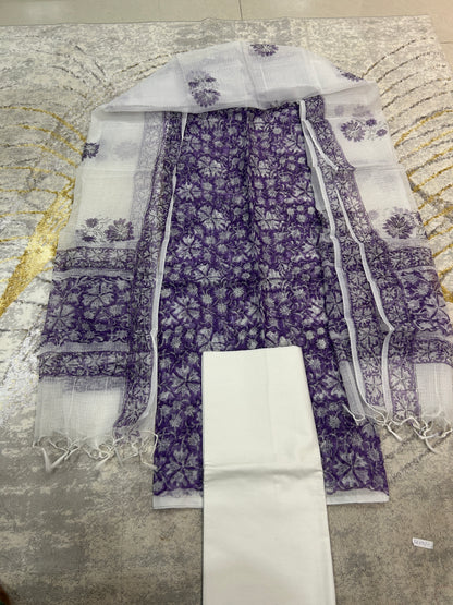 White and Purple color printed Kota Doria 3 piece unstitched Dress Material