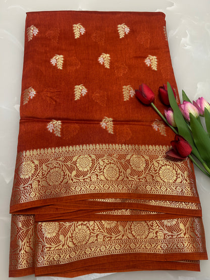 Rust Orange color Dupion Silk Handloom Banarasi Saree
