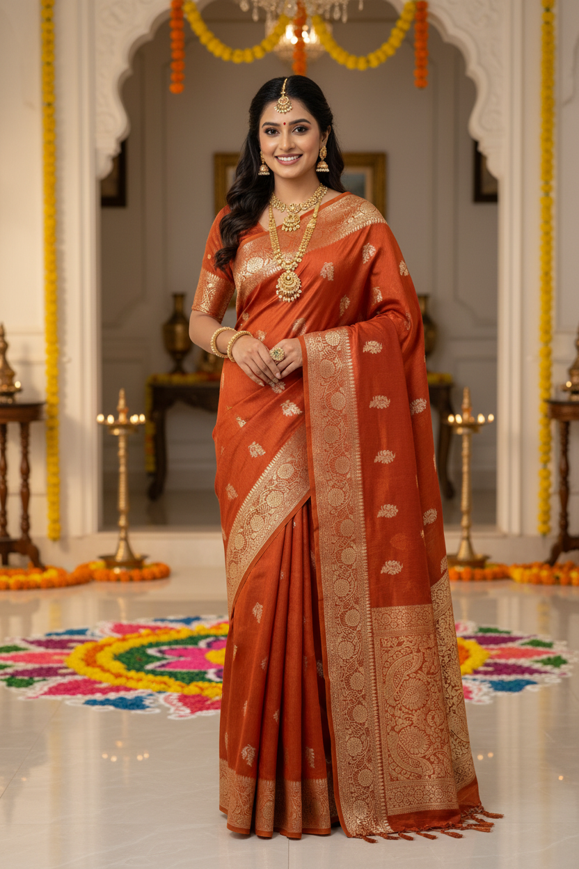 Rust Orange color Dupion Silk Handloom Banarasi Saree