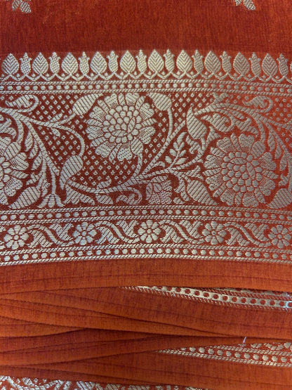 Rust Orange color Dupion Silk Handloom Banarasi Saree
