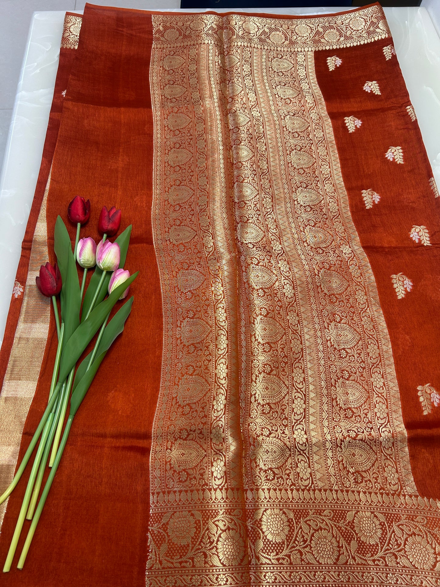Rust Orange color Dupion Silk Handloom Banarasi Saree