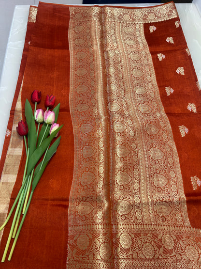 Rust Orange color Dupion Silk Handloom Banarasi Saree