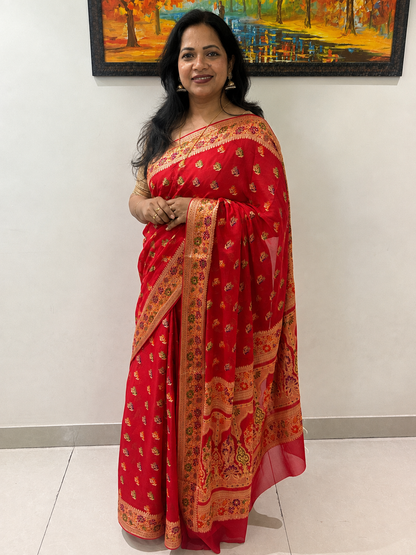 Authentic Handloom Pure Khaddi Georgette Banarasi Saree – Ruby Red with Meenakari Weaving