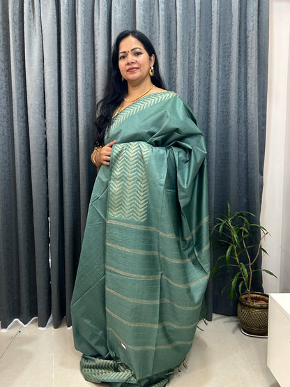 Pastel green Zig Zag Zari buty  weaving Art  Tusser Saree SAS46