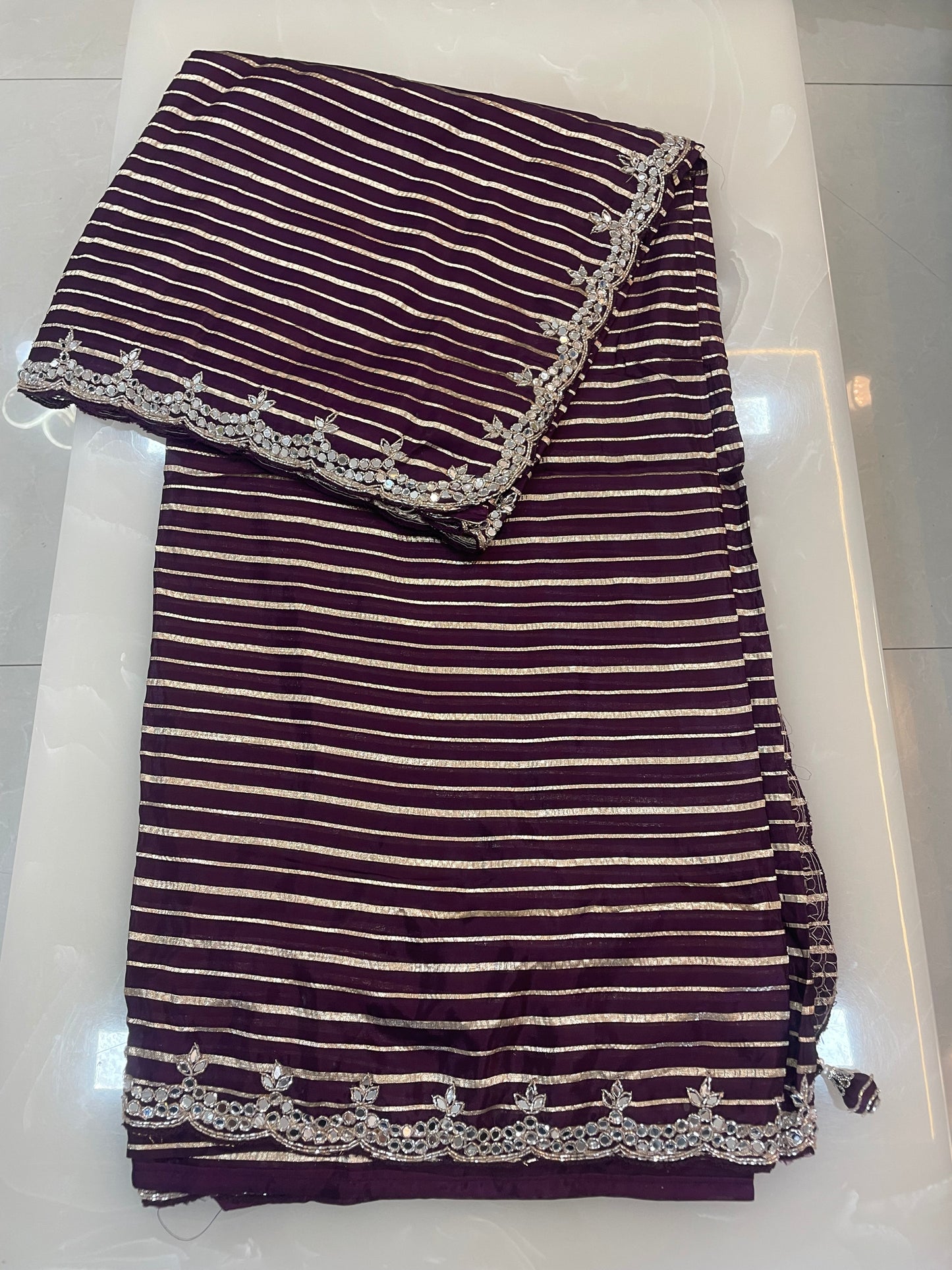 Burgundy color designer party wear Saree with  striped zari with heavy handwork designer ready made blouse  - SPW183