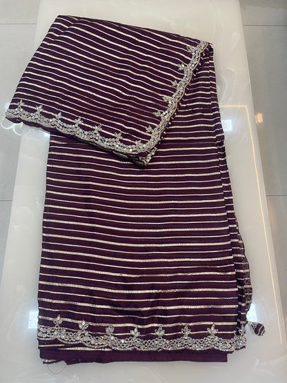 Burgundy color designer party wear Saree with  striped zari with heavy handwork designer ready made blouse  - SPW183