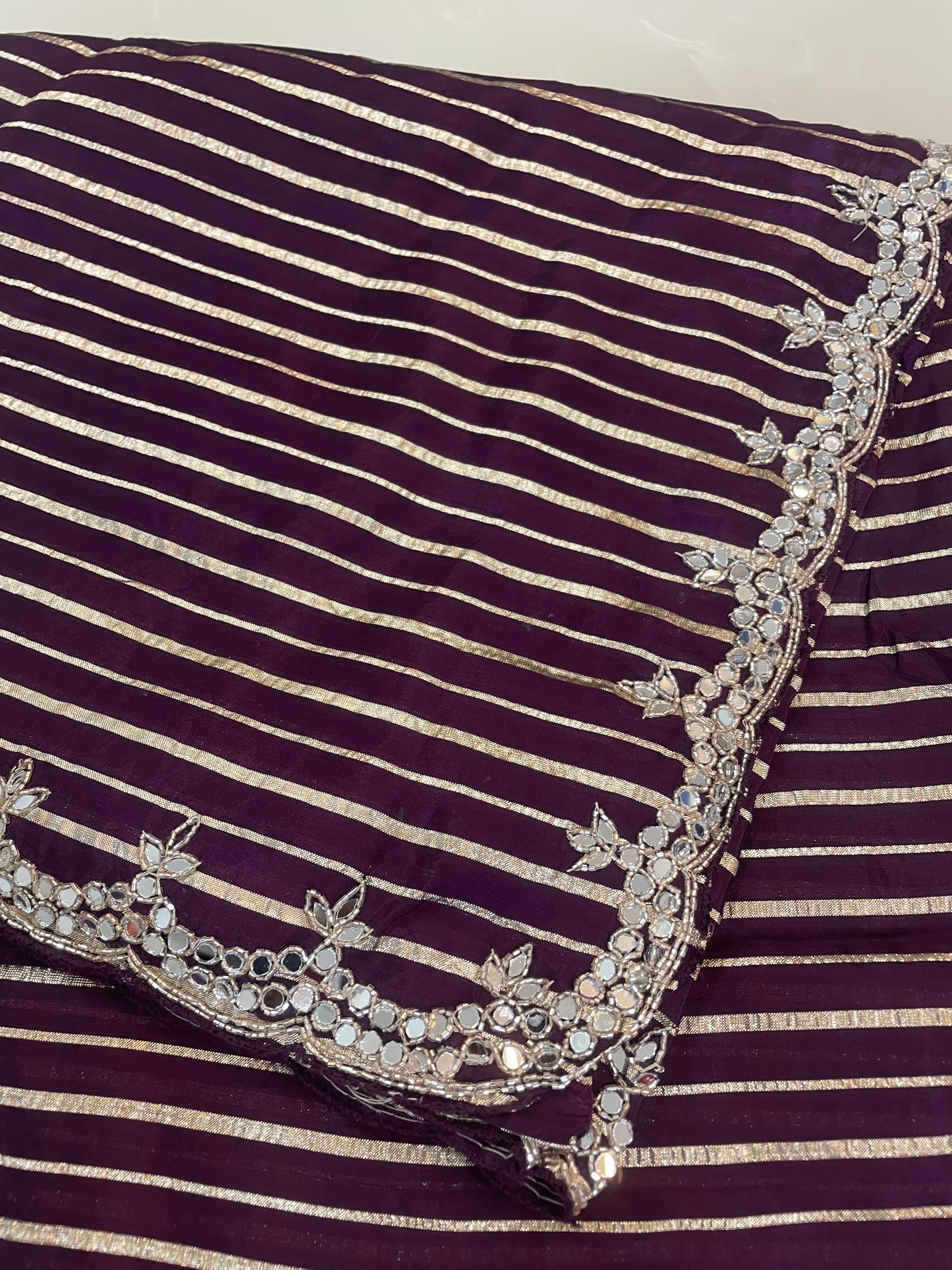 Burgundy color designer party wear Saree with  striped zari with heavy handwork designer ready made blouse  - SPW183