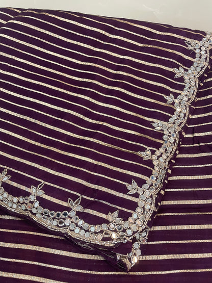 Burgundy color designer party wear Saree with  striped zari with heavy handwork designer ready made blouse  - SPW183