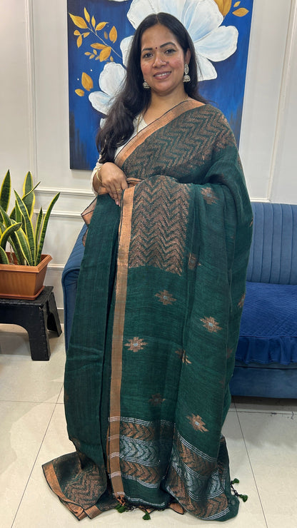 Dark Green Linen Ikat Weave border Pure Handloom Saree with Blouse Piece SLN34