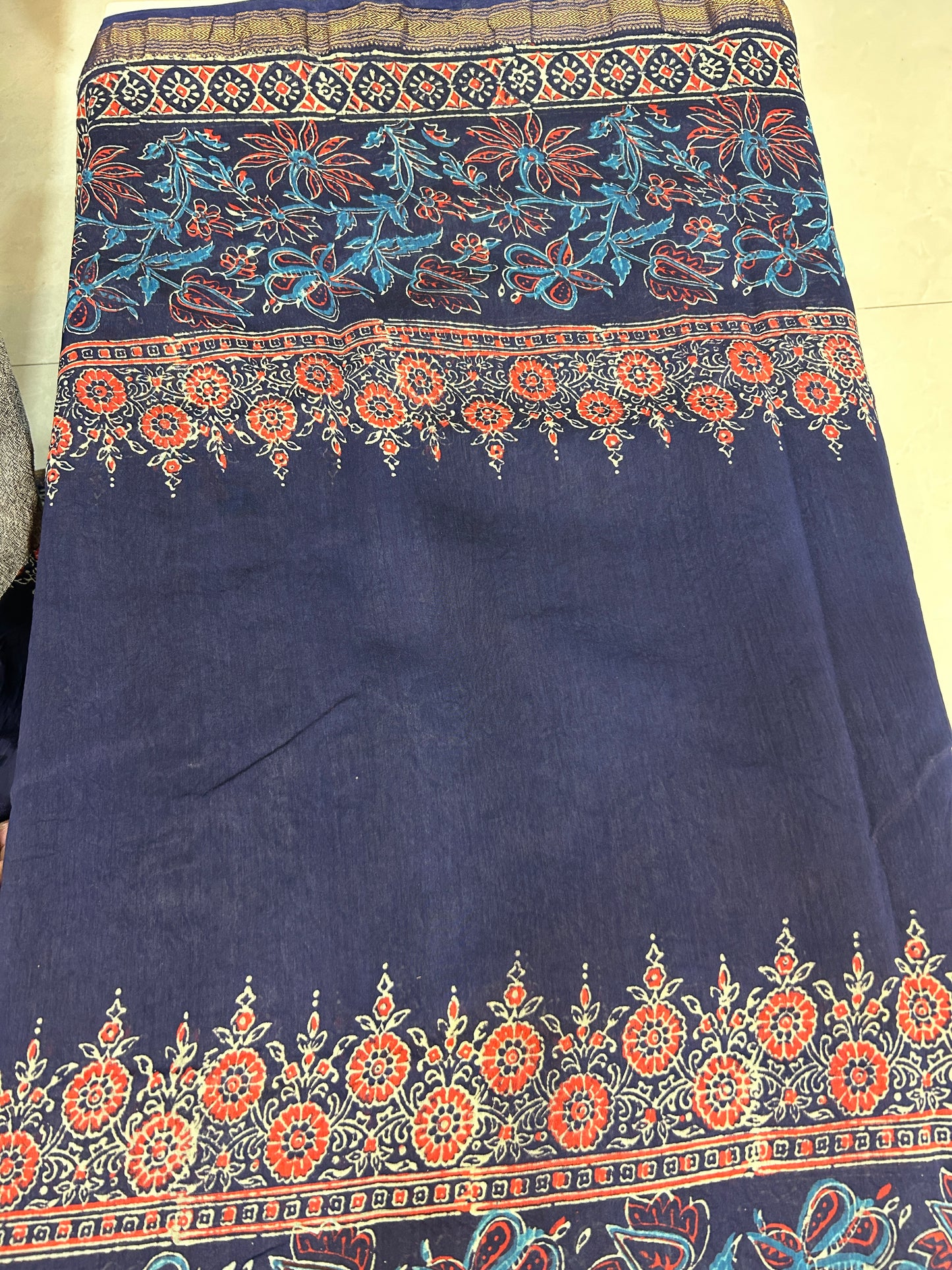 Blue and Red Ajarakh Pure Handblock print Maheshwari Cotton Silk Sarees SMCS138