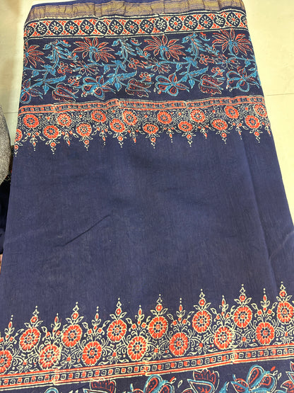 Blue and Red Ajarakh Pure Handblock print Maheshwari Cotton Silk Sarees SMCS138