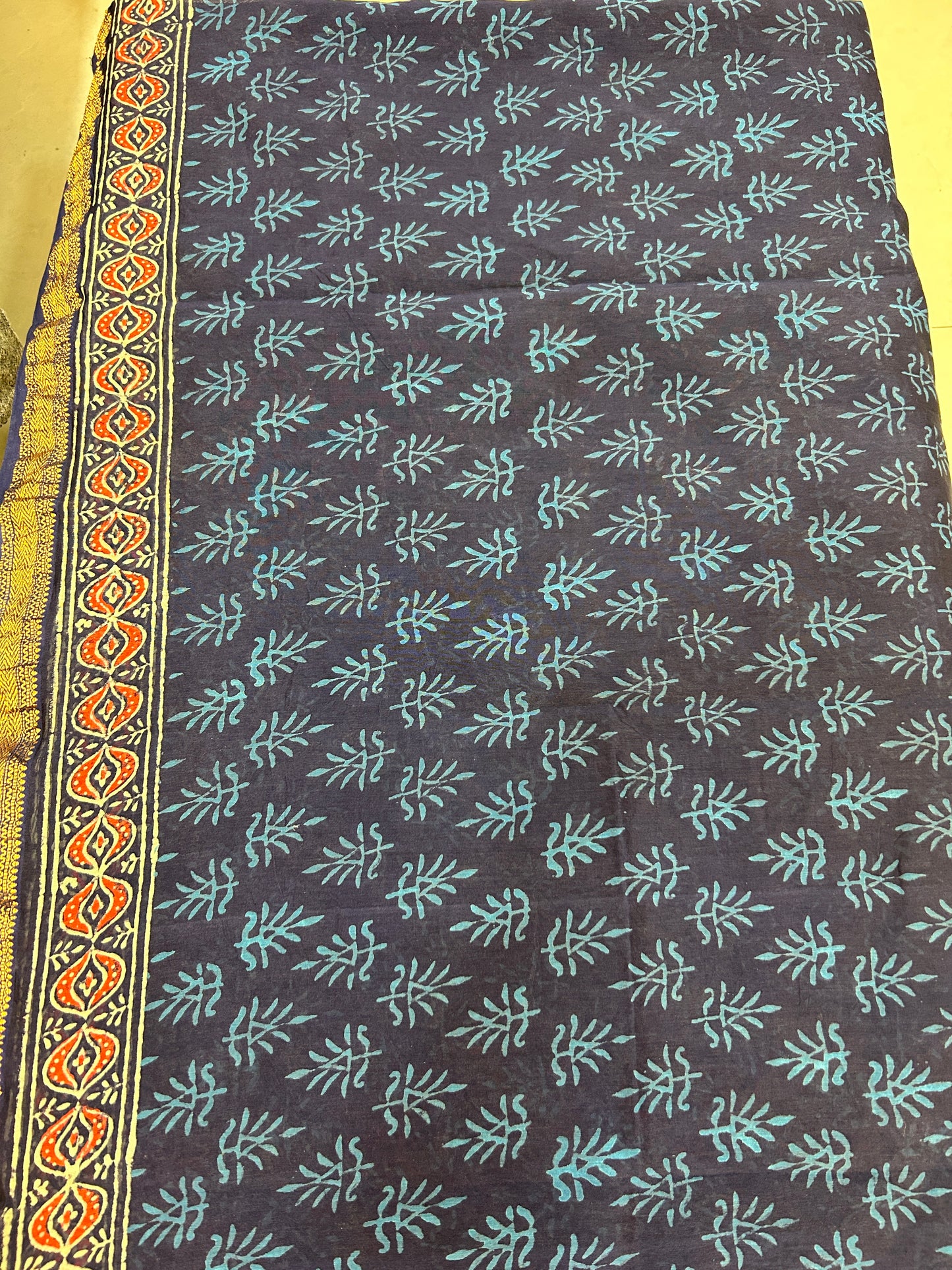 Blue and Red Ajarakh Pure Handblock print Maheshwari Cotton Silk Sarees SMCS137