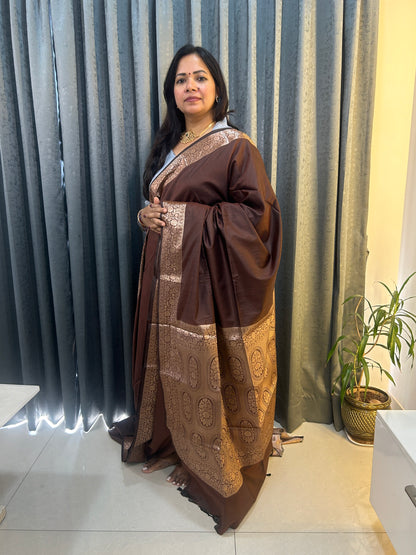 Coffee Brown Munga Cotton Silk Saree with golden zari on border and pallu with Blouse Piece SMGC147