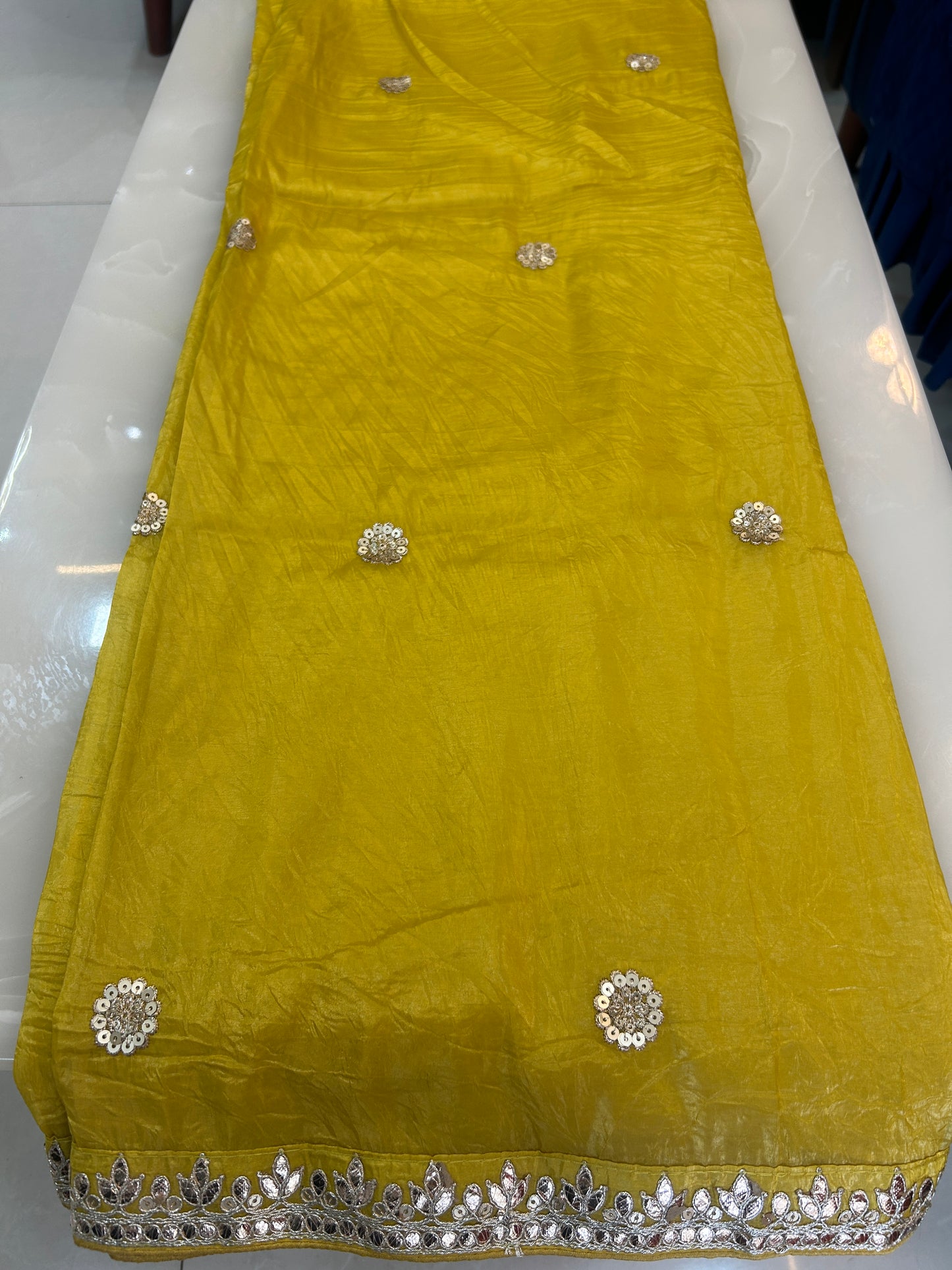 Lemon Yellow crushed Organza Saree with Ready made blouse  - SPW168