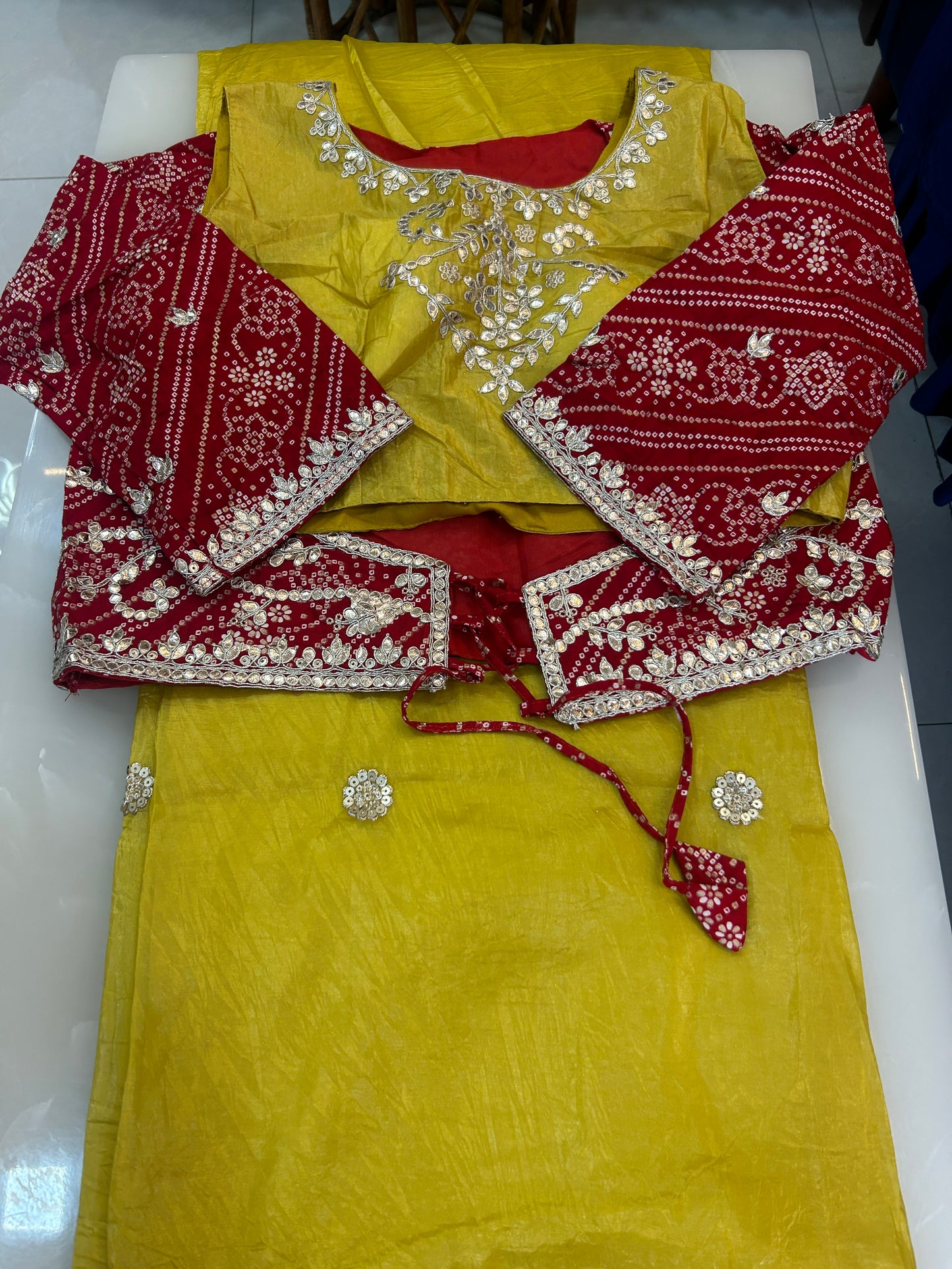 Lemon Yellow crushed Organza Saree with Ready made blouse  - SPW168