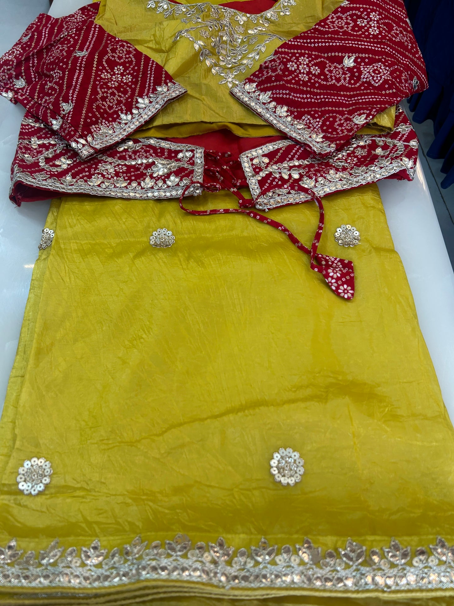 Lemon Yellow crushed Organza Saree with Ready made blouse  - SPW168