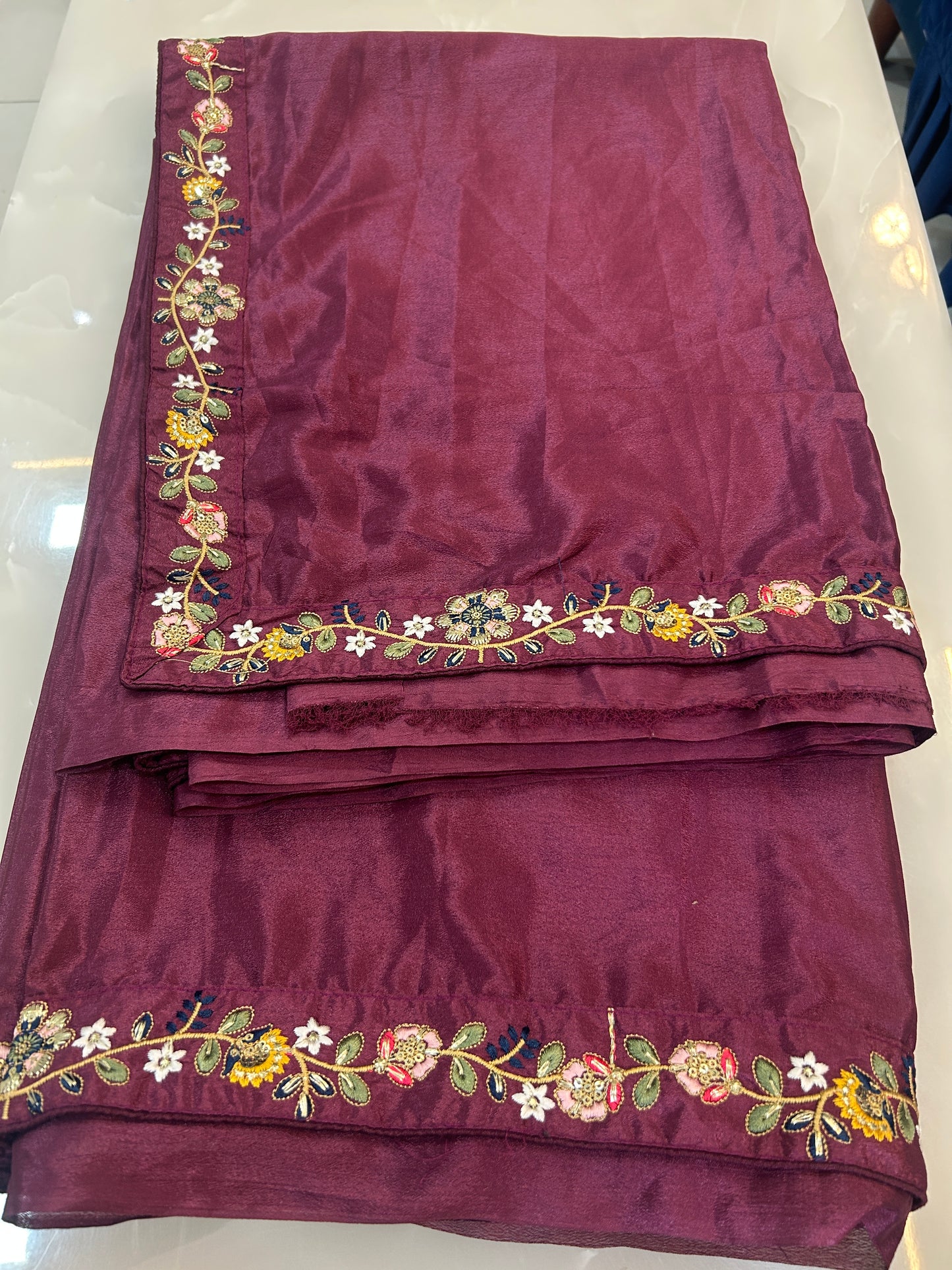 Deep wine color with multicolor embroidery saree with ready made embroidered  blouse and Jacket  - SPW169