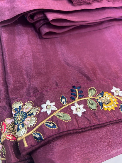 Deep wine color with multicolor embroidery saree with ready made embroidered  blouse and Jacket  - SPW169