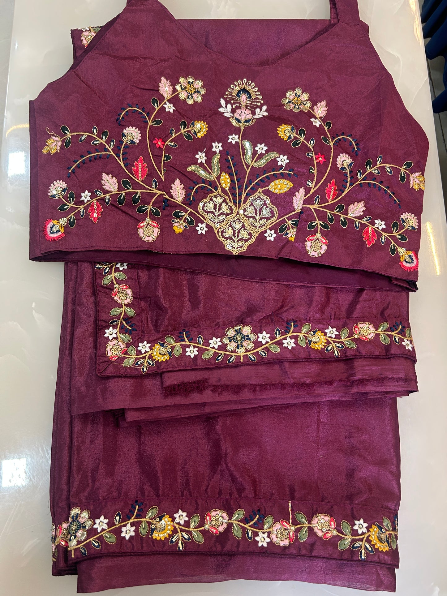 Deep wine color with multicolor embroidery saree with ready made embroidered  blouse and Jacket  - SPW169