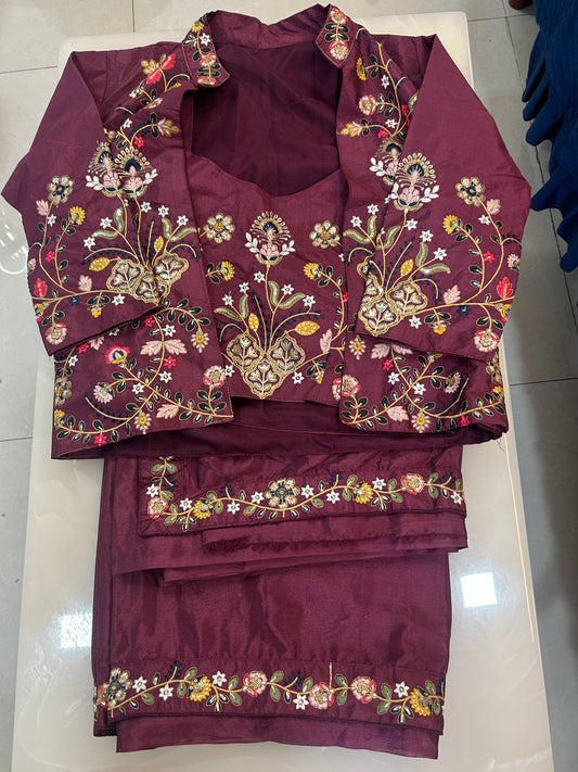 Deep wine color with multicolor embroidery saree with ready made embroidered  blouse and Jacket  - SPW169