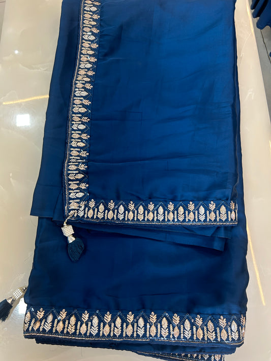 Royal Blue  Satin Silk designer Party wear saree with ready made blouse and embroidered Jacket - SPW172