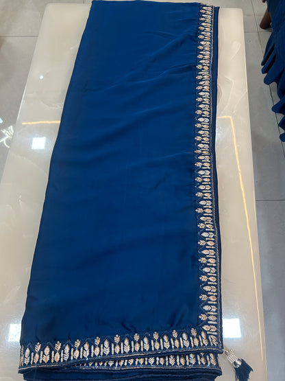 Royal Blue  Satin Silk designer Party wear saree with ready made blouse and embroidered Jacket - SPW172