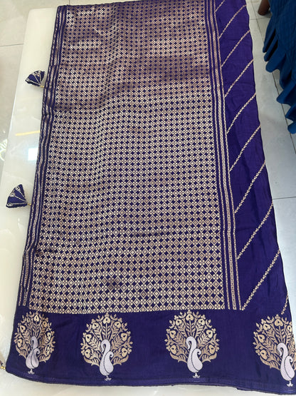 Violet color Semi Silk designer Party wear saree with heavy handwork ready made blouse  - SPW170