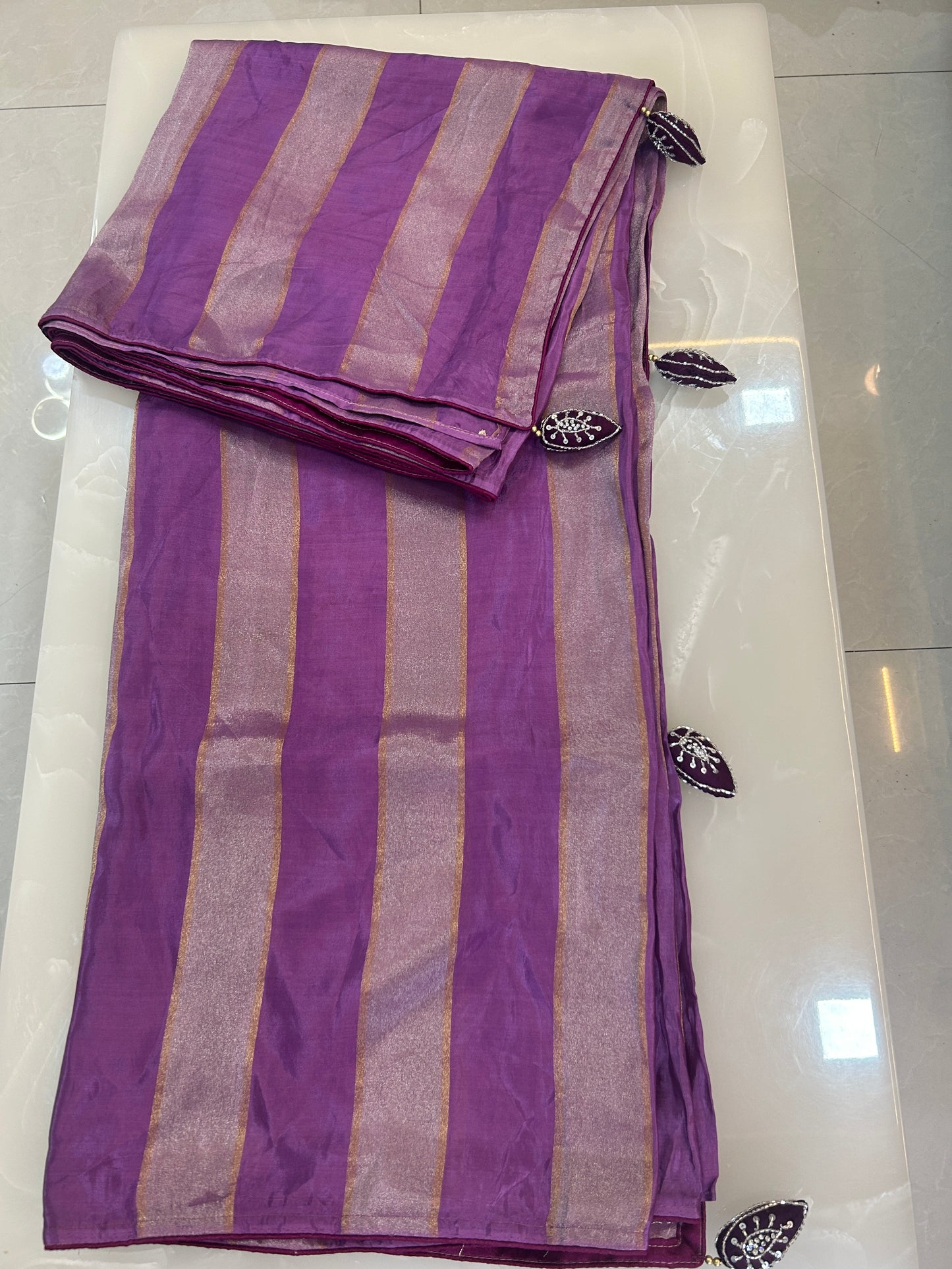 Light Purple color Semi Silk designer Party wear saree with deep purple color heavy handwork ready made blouse  - SPW171