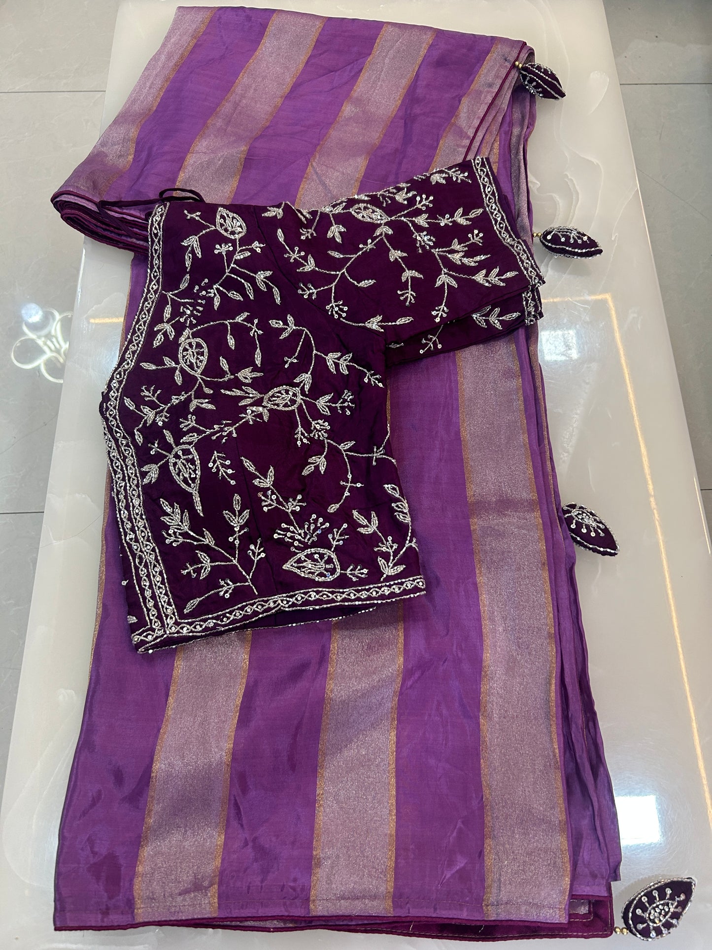 Light Purple color Semi Silk designer Party wear saree with deep purple color heavy handwork ready made blouse  - SPW171