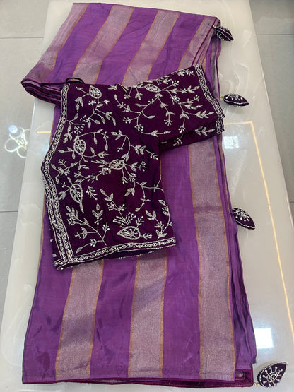 Light Purple color Semi Silk designer Party wear saree with deep purple color heavy handwork ready made blouse  - SPW171