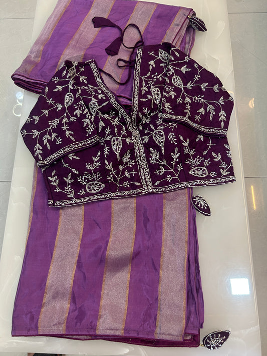 Light Purple color Semi Silk designer Party wear saree with deep purple color heavy handwork ready made blouse  - SPW171