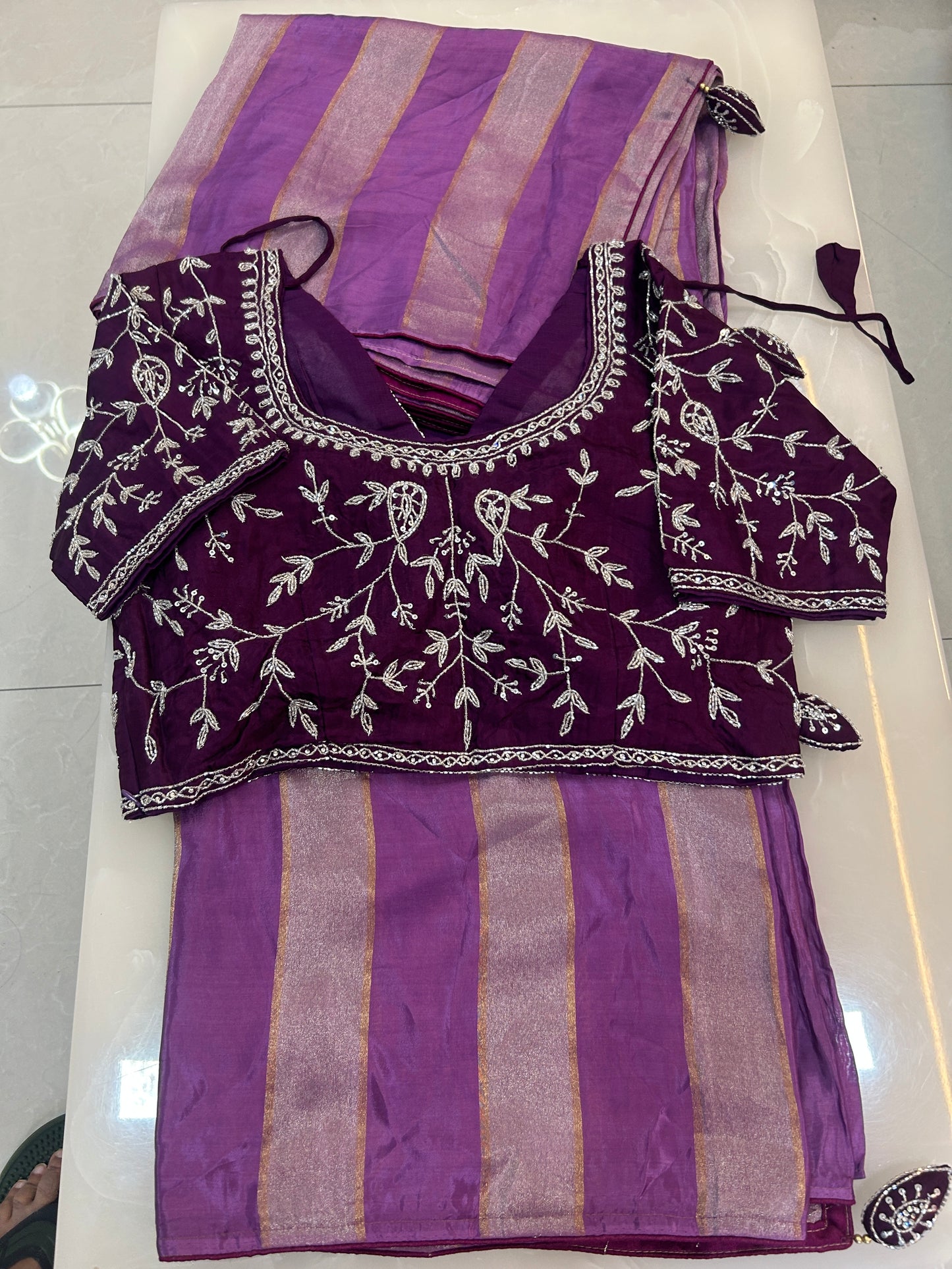 Light Purple color Semi Silk designer Party wear saree with deep purple color heavy handwork ready made blouse  - SPW171