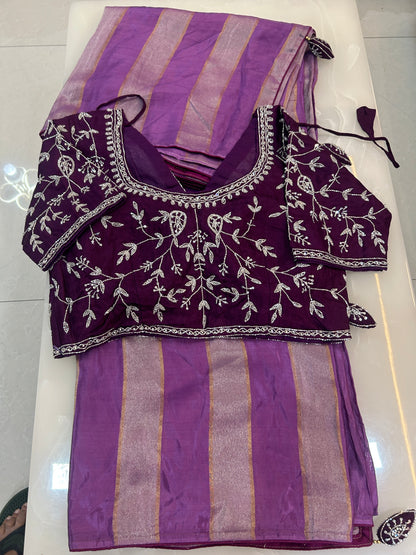 Light Purple color Semi Silk designer Party wear saree with deep purple color heavy handwork ready made blouse  - SPW171