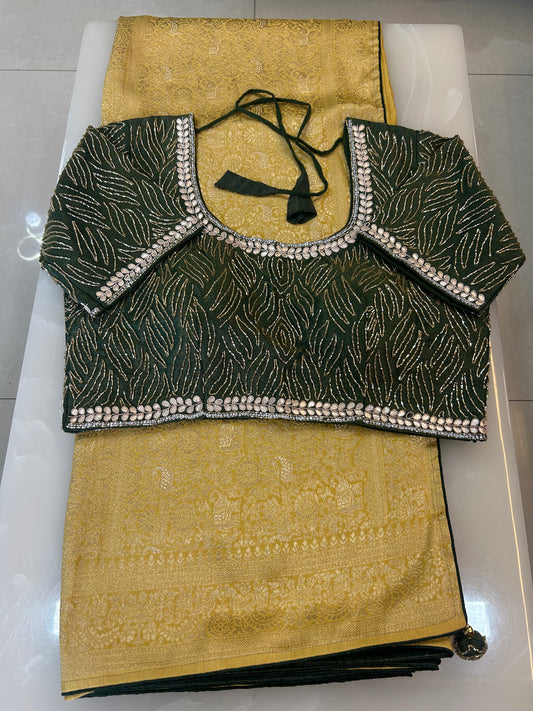 Yellow and green Semi Silk brocade Party Wear Saree with contrast Heavy handwork designer ready made blouse  - SPW173