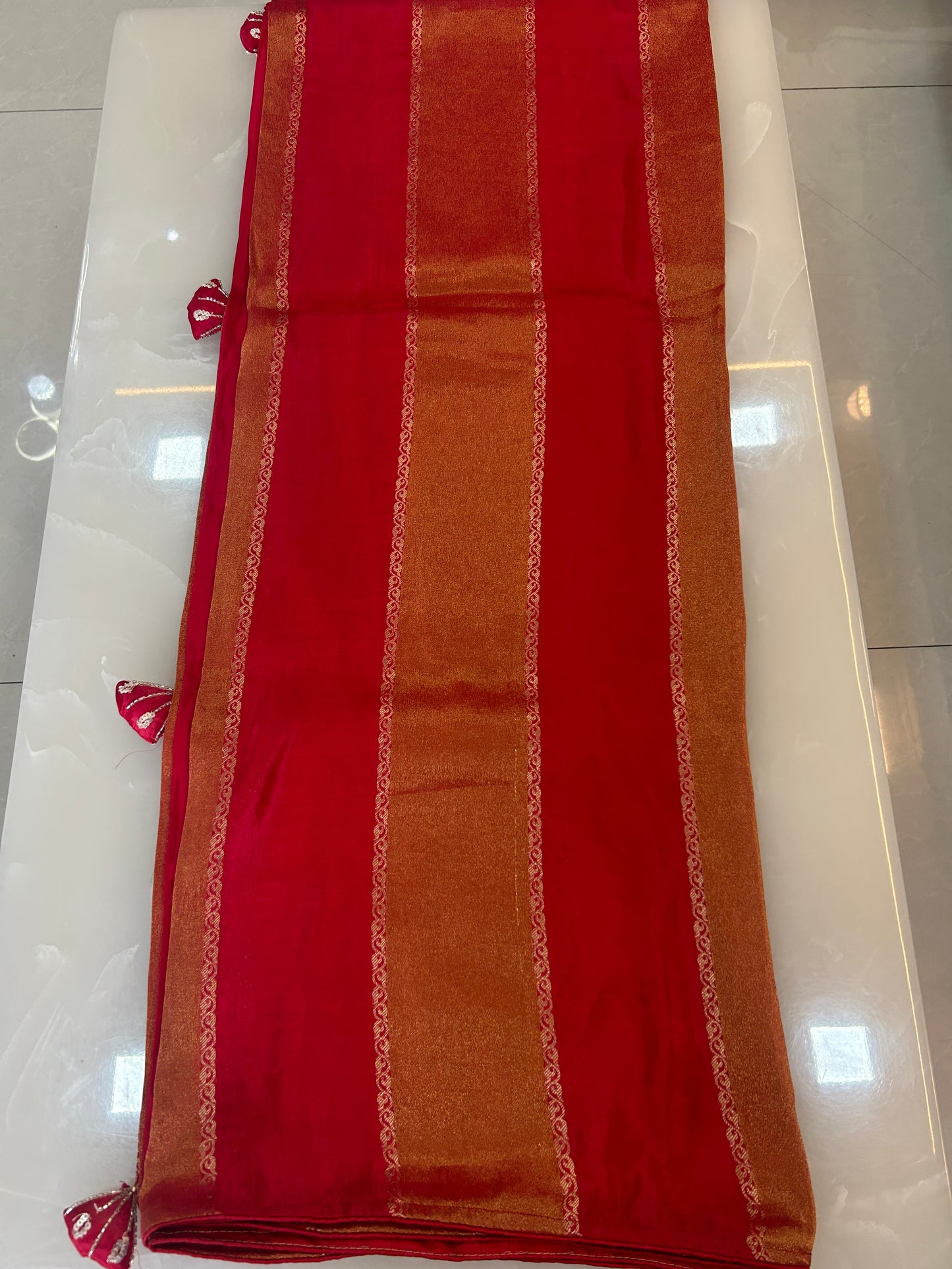 Red and Orange Semi Silk brocade Saree with Heavy handwork designer ready made blouse  - SPW174