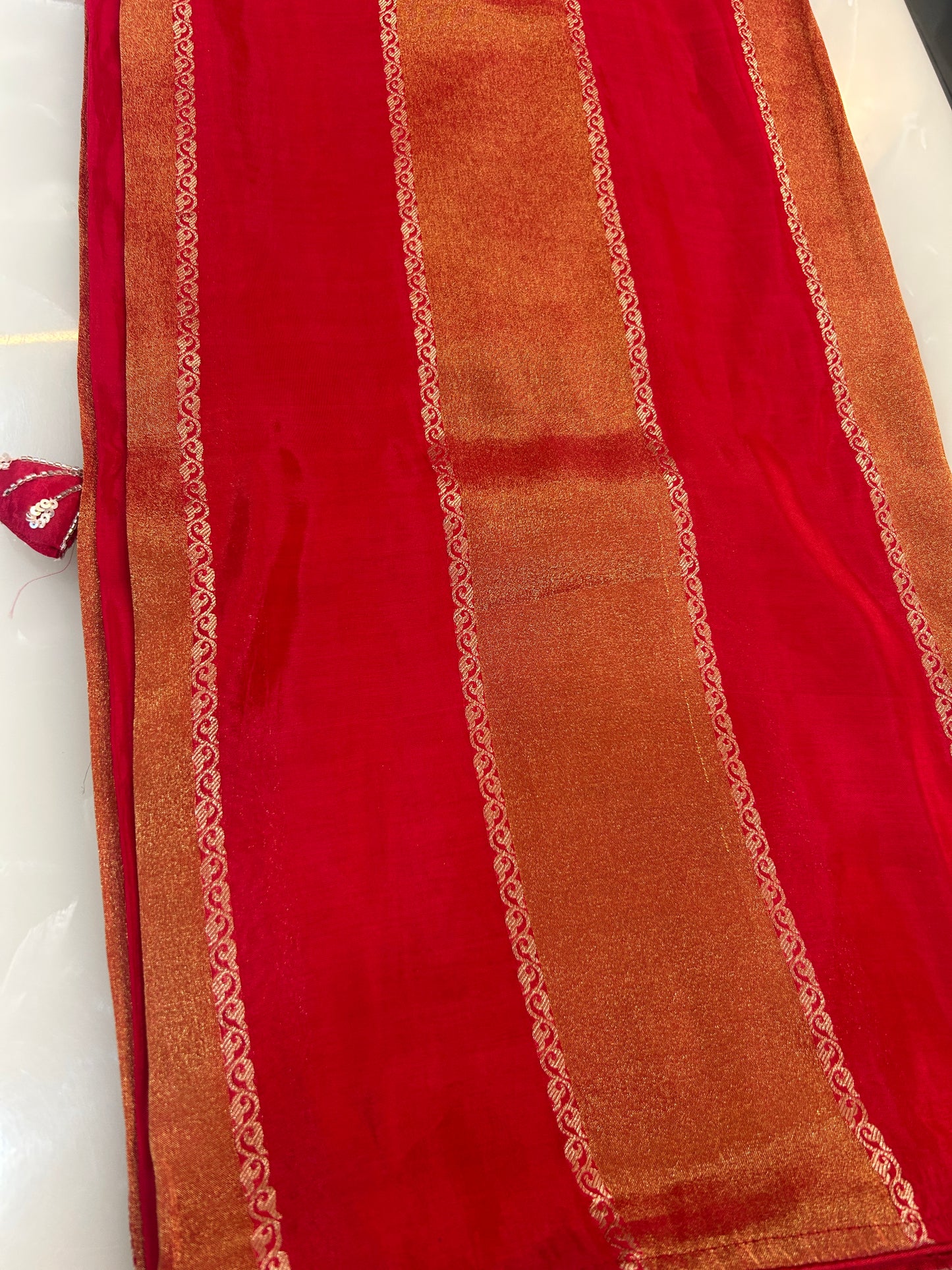 Red and Orange Semi Silk brocade Saree with Heavy handwork designer ready made blouse  - SPW174
